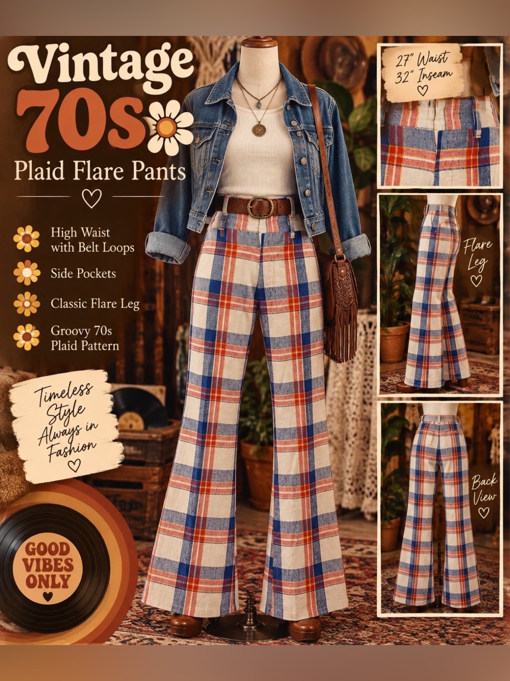 Vintage 70s - Plaid flare Pants - 27” waist- pockets- As Is